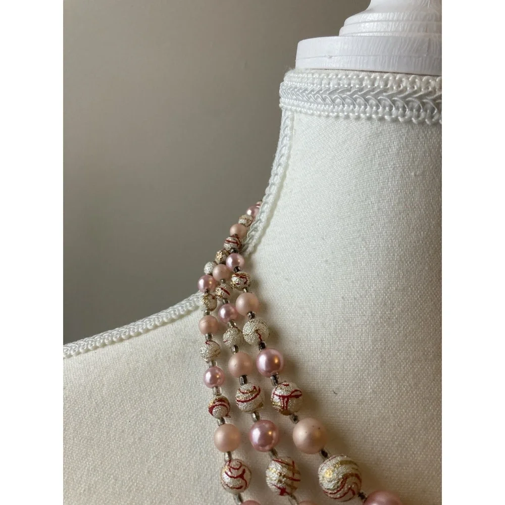 Vintage‎ Multi Strand Necklace Pink Faux Pearl Gold Tone Romantic Collar Choker